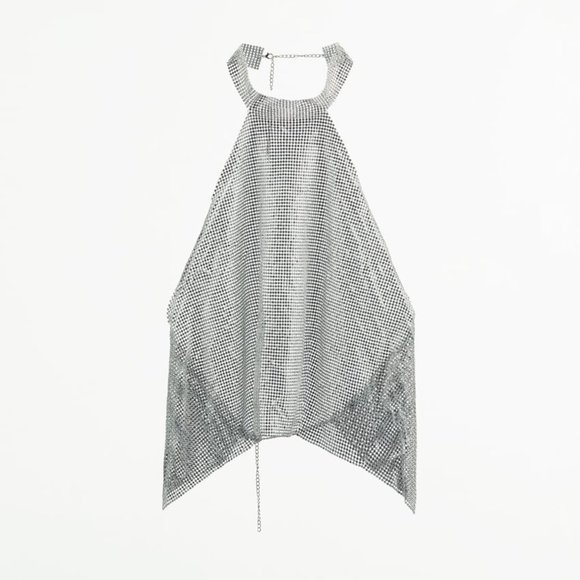 NWT ZARA SILVER RHINESTONE JEWEL METALLIC TOP - Picture 3 of 10